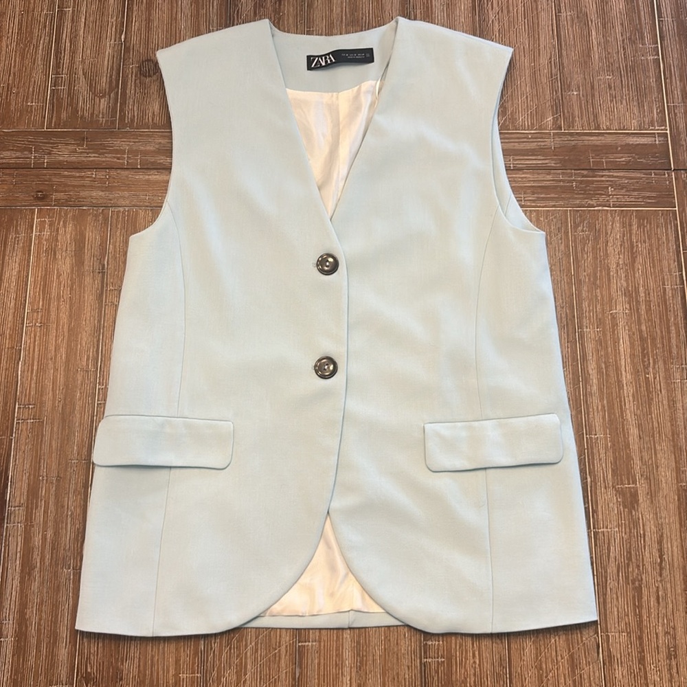 Zara light blue Oversized button-down vest or sleeveless blazer.